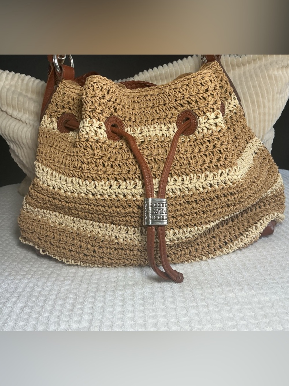 Brighton Tan and Brown Straw Shoulder Bag